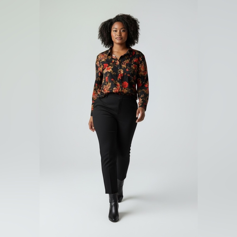 Flint & Moss Floral Black and Red Button-Up Shirt size 2X New